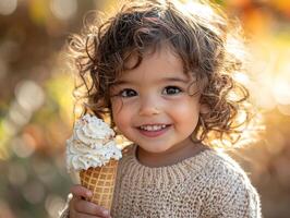 cheerful Hispanic toddler savors ice cream cone in warm sunlight. Melted ice cream drips onto their hands while they express pure delight. Soft light enhances joyful moment photo