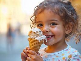 joyful Hispanic toddler enjoys ice cream cone bright sunlight melted ice cream dripping down their hands capturing essence of carefree moment photo