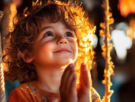 cheerful Hispanic toddler sits on swing clapping hands delight as sunlight dances on their joyful face. scene captures pure happiness in warm setting photo