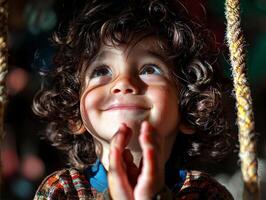 joyful Hispanic toddler is sitting on swing clapping their hands delight. Sunlight reflects off their face creating warm and cheerful atmosphere during playtime outdoors photo