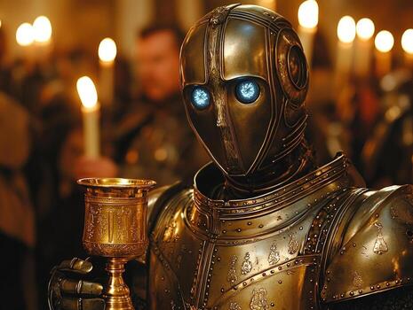 Metallic figure dressed in tuxedo stands confidently medieval ball its blue glowing eyes contrasting golden goblet and warm candlelight surrounding it photo