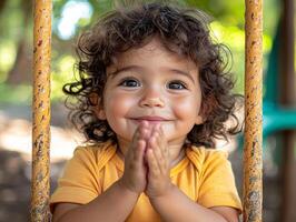 joyful Hispanic toddler sits on swing clapping their hands in delight as sunlight dances across their face capturing warm moment of childhood happiness photo