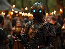 Close up of robot wearing tuxedo medieval ball its glowing blue eyes contrast detailed metallic face. Candlelight creates warm atmosphere around festive gathering photo