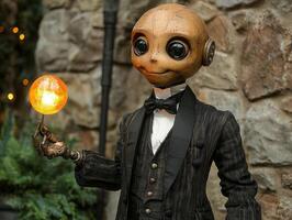 robot dressed in formal black tuxedo holds illuminated holographic invitation for medieval ball photo