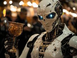 robot dressed in tuxedo stands proudly medieval ball its glowing blue eyes illuminating intricate metallic details. elegant golden goblet it holds adds enchanting atmosphere photo