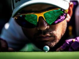 South Asian golfer leg prosthetic concentrates on aligning putt soft evening light. lush green surface creates serene backdrop for focused moment photo