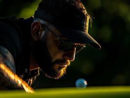 South Asian golfer leg prosthetic focuses intently as they line up shot on lush green golf course. soft evening light enhances moment creating serene atmosphere photo