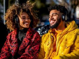 joyful teenage gay couple enjoys music together while seated on park bench. Bright midday light highlights their smiles and connection as they share headphones photo