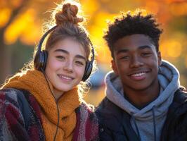Two joyful teenagers share headphones while sitting on park bench. Their affectionate expressions highlight moment of connection and happiness in bright midday light photo