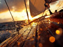 wooden sailboat struggles against fierce winds its torn sails flapping wildly while water splashes over wet deck dramatic sunset lighting photo