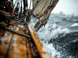 skilled wooden sailboat navigates turbulent waters its torn sails snapping in wind as water drenches deck. dramatic lighting accentuates texture of wet wood photo