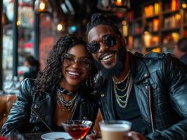 young African American couple shares joyful laughter over coffee in cozy cafe surrounded warm lighting and bookshelves creating delightful atmosphere for connection photo