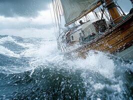 wooden sailboat is caught in fierce struggle against powerful winds its torn sails flapping wildly as waves crash onto deck. wet wood glistens dramatic lighting photo
