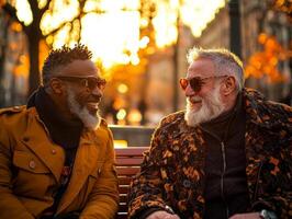 elderly gay couple sits closely on park bench holding hands and smiling each other during golden hour. warm light highlights their joyful expressions as they share special moment photo