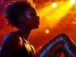 impressive gymnast prosthetic leg demonstrates exceptional skill on balance beam illuminated soft spotlight highlighting her vibrant spirit and artistry photo
