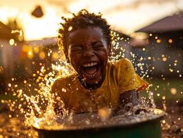 Laughter fills air as African child enjoys sunny midday splashing water from bucket in village setting showcasing pure joy and vitality photo