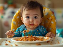 Asian toddler sits content in high chair reaching for spoon while plate of messy food sits in front. Soft indoor light highlights adorable scene of mealtime chaos photo