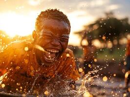 child from Africa laughs joyfully while splashing water from bucket in village setting. warm midday light enhances lively atmosphere of moment photo