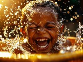 cheerful African child joyfully laughs while splashing water from bucket in vibrant village setting warm midday sunlight capturing moment of pure happiness and play photo
