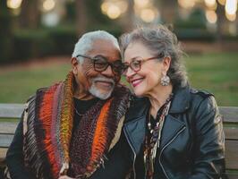 elderly gay couple sits closely on park bench holding hands and sharing warm smiles. golden hour light enhances their joyful expression highlighting their love and connection photo