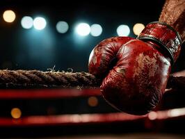 In close up view worn boxing gloves dangle limply from ropes of empty boxing ring. spotlight casts soft glow on leather showcasing sweat stains and history embedded in them photo