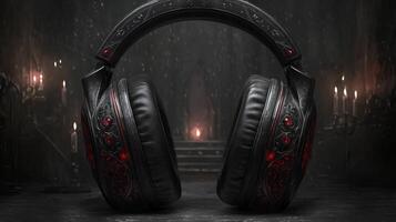 Dark gothic headphones featuring black metal frames and red gemstones rest in dimly lit space where candlelight casts enchanting shadows on ornate furniture around them photo