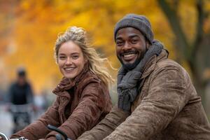 Two happy individuals ride bicycles in city park during autumn. Their joyful expressions and bright surroundings create lively and warm atmosphere photo