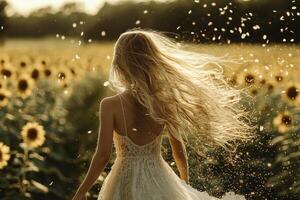 Caucasian child runs through vibrant sunflower field scattering petals in air. Bright sunlight highlights joy and vitality of moment creating magical atmosphere photo