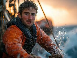 crew member battles fierce waves on fishing trawler gripping ropes tightly. Drenched in rain their expression reveals determination against stormy backdrop photo
