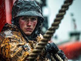 On fishing trawler during storm crew member grips ropes tightly as waves crash over side. Rain soaked and focused they navigate challenging weather conditions photo