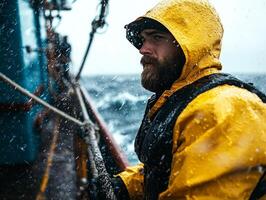 On deck of fishing trawler crew member in rain soaked gear focuses intently while holding onto ropes. Waves crash against boat as stormy skies loom overhead photo