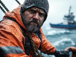 dedicated crew member grips ropes tightly as waves crash over side of fishing trawler. Rain soaked clothing and intense focus highlight their determination amid harsh conditions photo