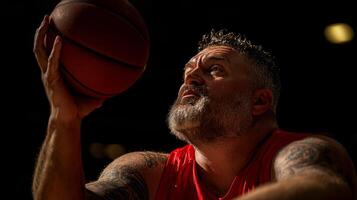 Latino amputee athlete powers through competitive wheelchair basketball match leaping catch ball mid air in brightly lit gym. Intensity fills atmosphere photo