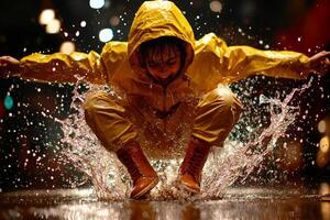 young girl in bright yellow raincoat and boots leaps into puddle creating energetic splashes of water while enjoying rainy day outdoors. Soft lighting enhances joyful atmosphere photo