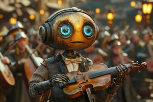 robot in tuxedo mimics conductor's movements while leading group of medieval musicians. warm ambiance features rich golds and reds accented glowing lanterns photo