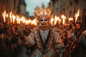 robot in tuxedo energetically conducts group of medieval musicians mimicking movements showcase their lively tune. setting features warm lantern light and vibrant colors photo