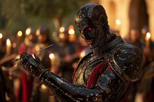 robot dressed in tuxedo conducts group of medieval musicians gesturing dramatically while surrounded glowing lanterns. Rich golds and reds create festive atmosphere photo