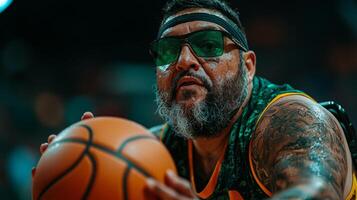 dedicated Latino athlete showcases skill and determination while playing wheelchair basketball in competitive match photo