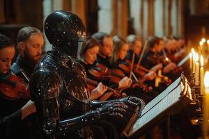 In richly adorned space robot in tuxedo elegantly conducts group of medieval musicians. Warm lantern light enhances lively atmosphere as ensemble plays spirited tune photo