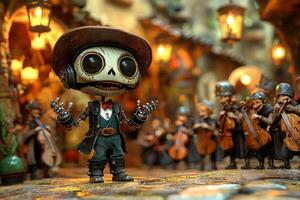 robot in tuxedo energetically leads group of medieval musicians hands mimicking conductor's movements. warm glow of lanterns enhances lively atmosphere photo