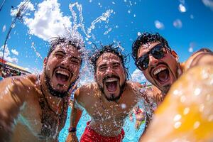 Two young men share joyful moment while jumping into swimming pool capturing laughter and excitement as water splashes around them sunny skies photo