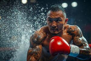 boxer prosthetic arm showcases incredible strength while delivering punch during match in well lit arena. Sweat sprays dramatically as he fights fiercely photo