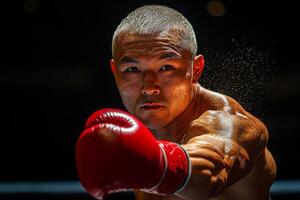 In boxing ring Asian boxer prosthetic arm executes powerful punch showcasing determination. Sweat splashes in dramatic lighting highlighting intensity of moment photo
