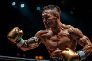 In dynamic and powerful moment Asian boxer prosthetic arm throws fierce punch while sweat flies around him. dramatic lighting captures energy of boxing match photo