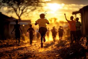 energetic girl leaps in air while jumping rope along dusty path. Friends cheer her on as warm midday sun casts golden glow on joyful moment photo