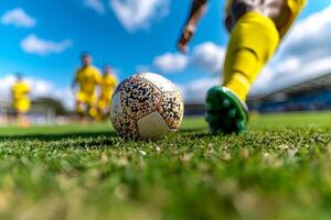 African American soccer player leg prosthetic is captured in dynamic pose while kicking ball mid air on grassy field bright midday sun teammates nearby photo