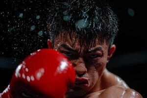 Asian boxer prosthetic arm is delivering powerful punch in dramatic ring setting. Sweat is flying as he demonstrates skill and determination bright spotlighting photo