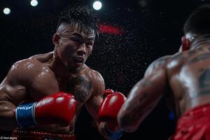 Asian boxer prosthetic arm focuses intently while delivering powerful punch during match. Sweat flies in dramatic lighting capturing intensity of moment photo