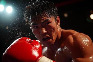 Asian boxer prosthetic arm shows incredible skill and determination while delivering forceful punch in boxing ring captured stunning detail and energy photo