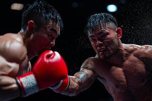 In moment of fierce competition Asian boxer prosthetic arm delivers powerful punch while sweat flies. Dramatic lighting enhances intensity of boxing match photo